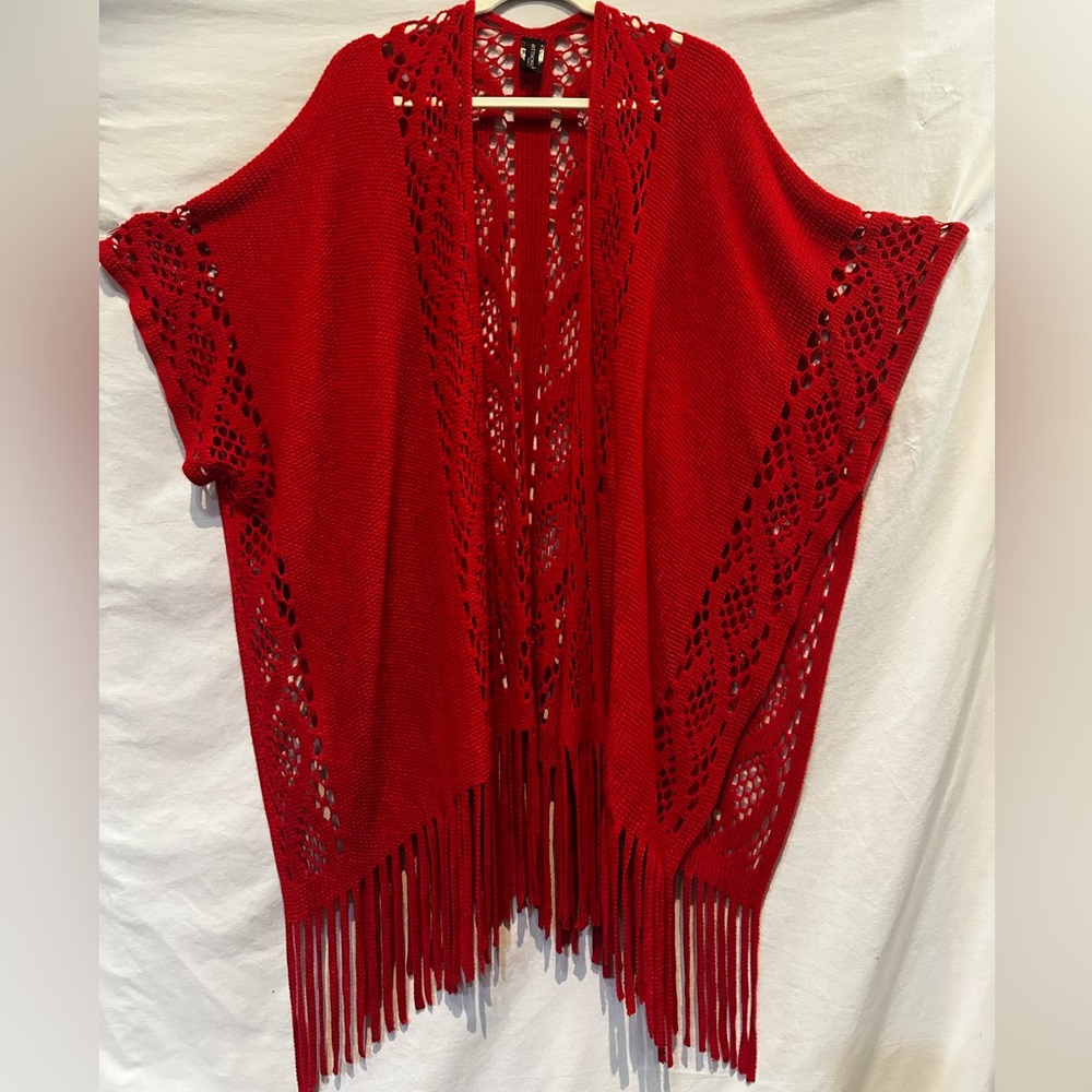 NWOT Anthony Original Red Knit Shawl With Armholes and Fringe Hem - O/S